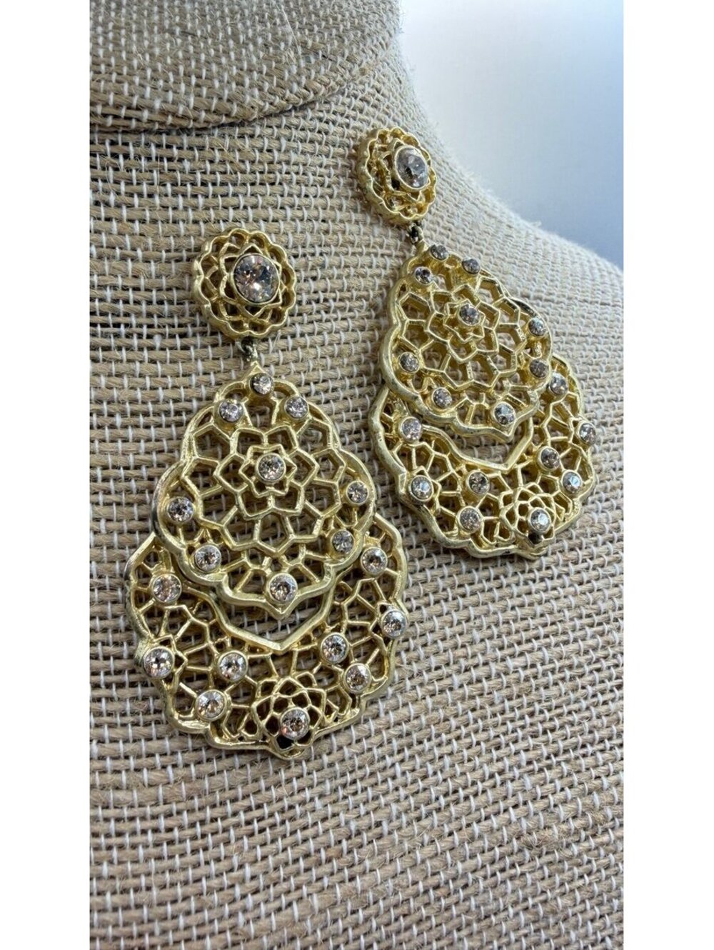 Gold Tone Crystal Filigree Statement Earrings